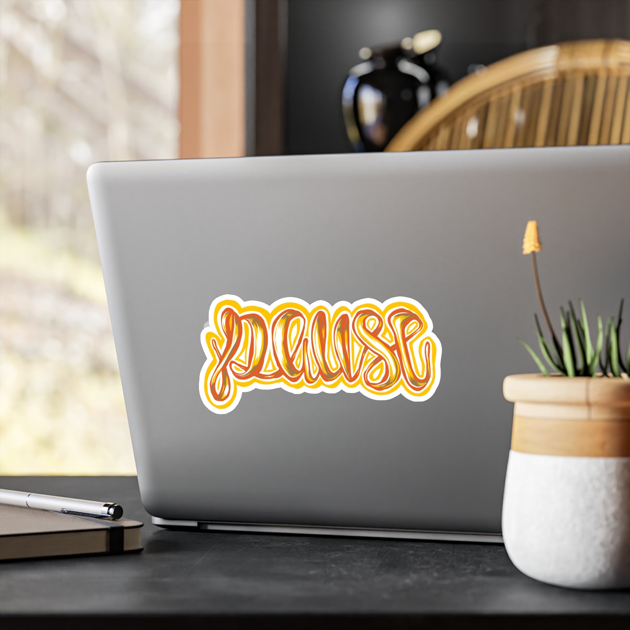 Pause Script Sticker — Retro Orange Hand-Lettered Vinyl Decal
