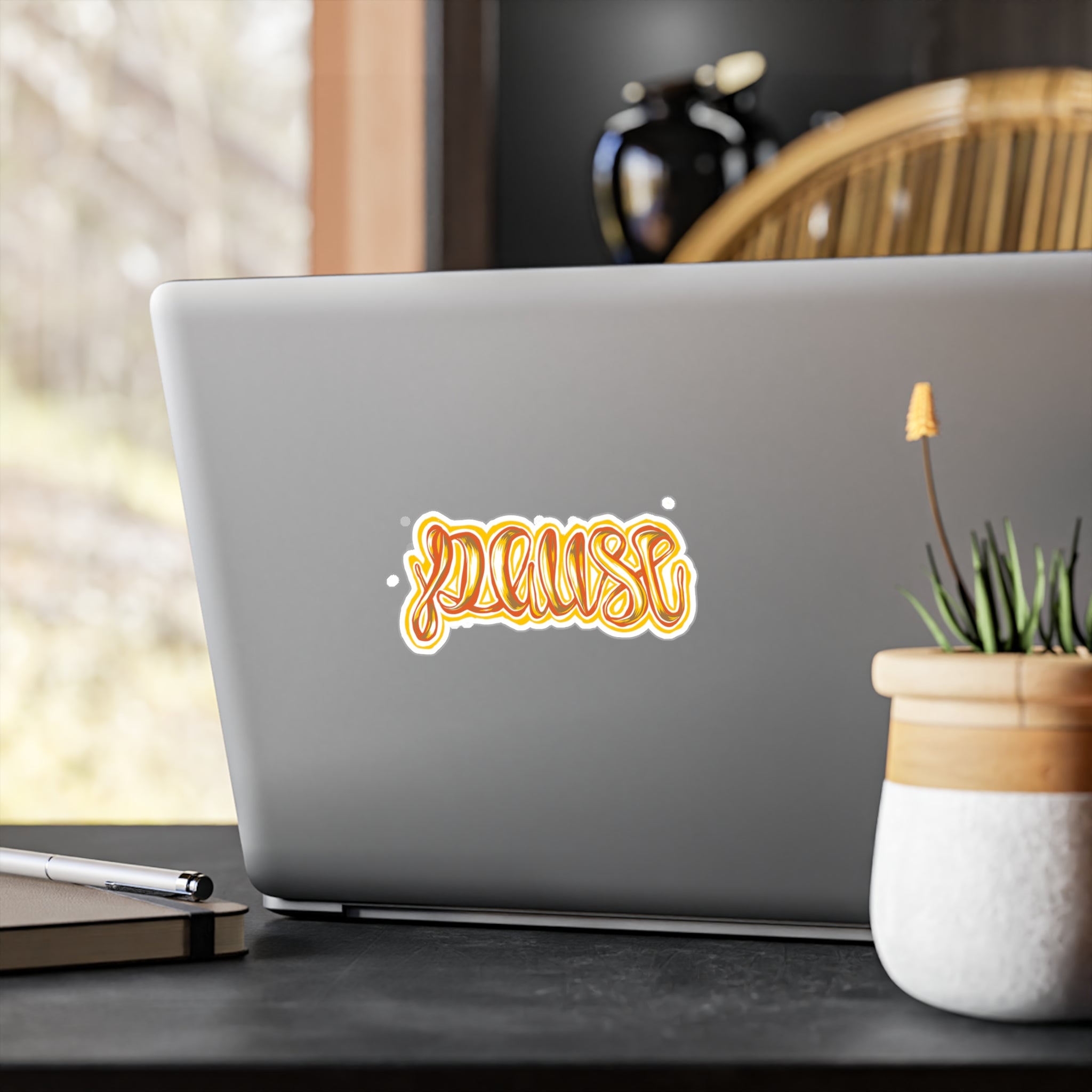 Pause Script Sticker — Retro Orange Hand-Lettered Vinyl Decal