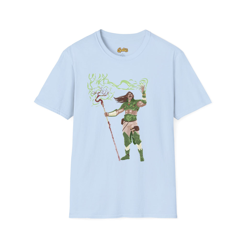Druidic Nature Mage T-Shirt — Green Forest Sorcerer Staff Design