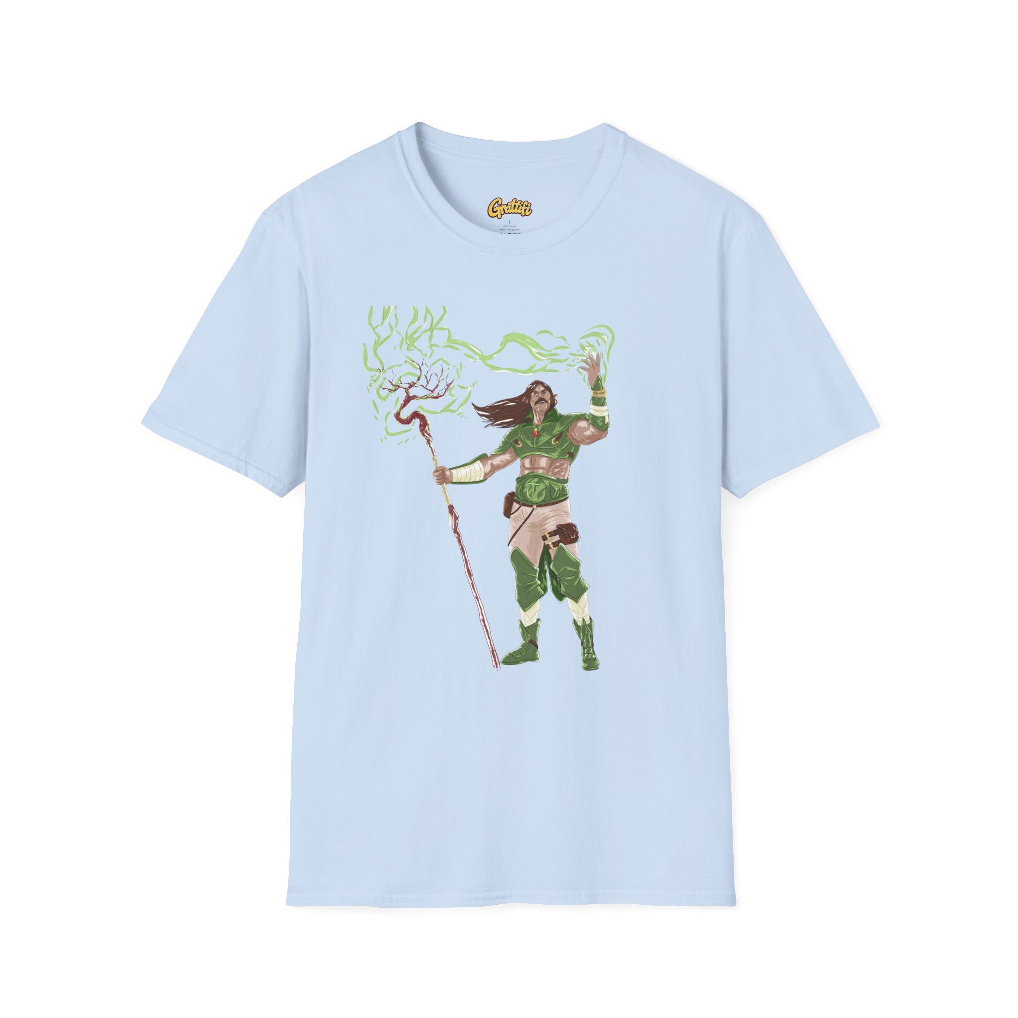 Druidic Nature Mage T-Shirt — Green Forest Sorcerer Staff Design