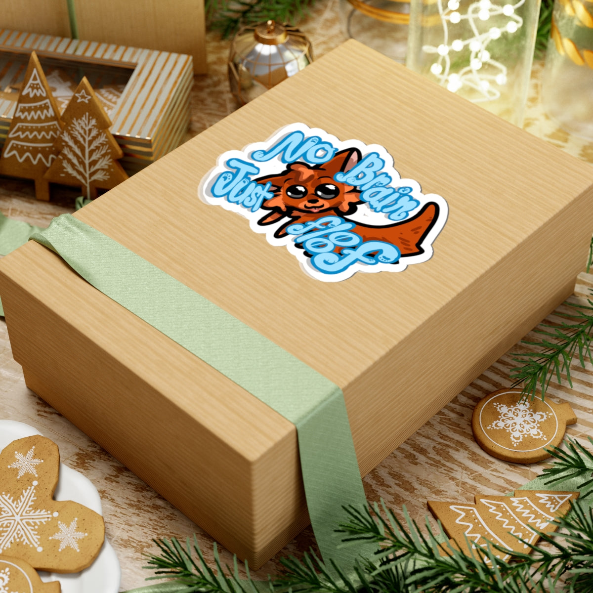 Kiss-Cut Sticker — Cute Fluffy Fox "No Brain Just Floof" Laptop Decal