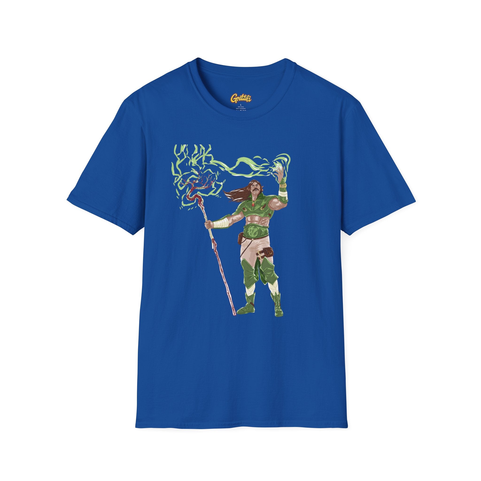 Druidic Nature Mage T-Shirt — Green Forest Sorcerer Staff Design