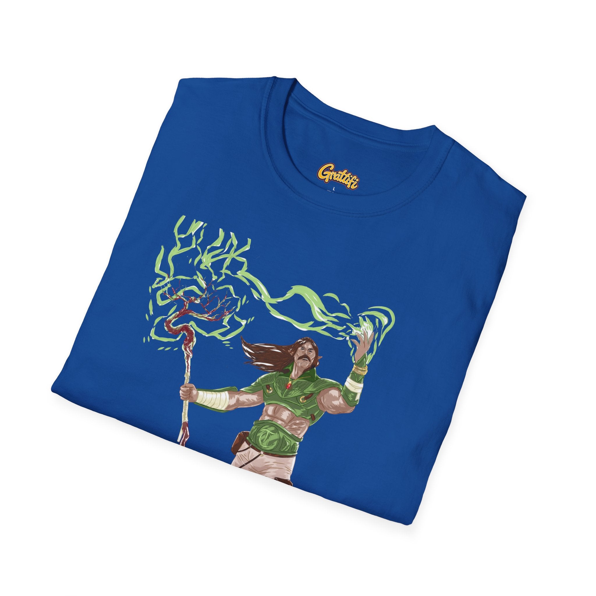 Druidic Nature Mage T-Shirt — Green Forest Sorcerer Staff Design