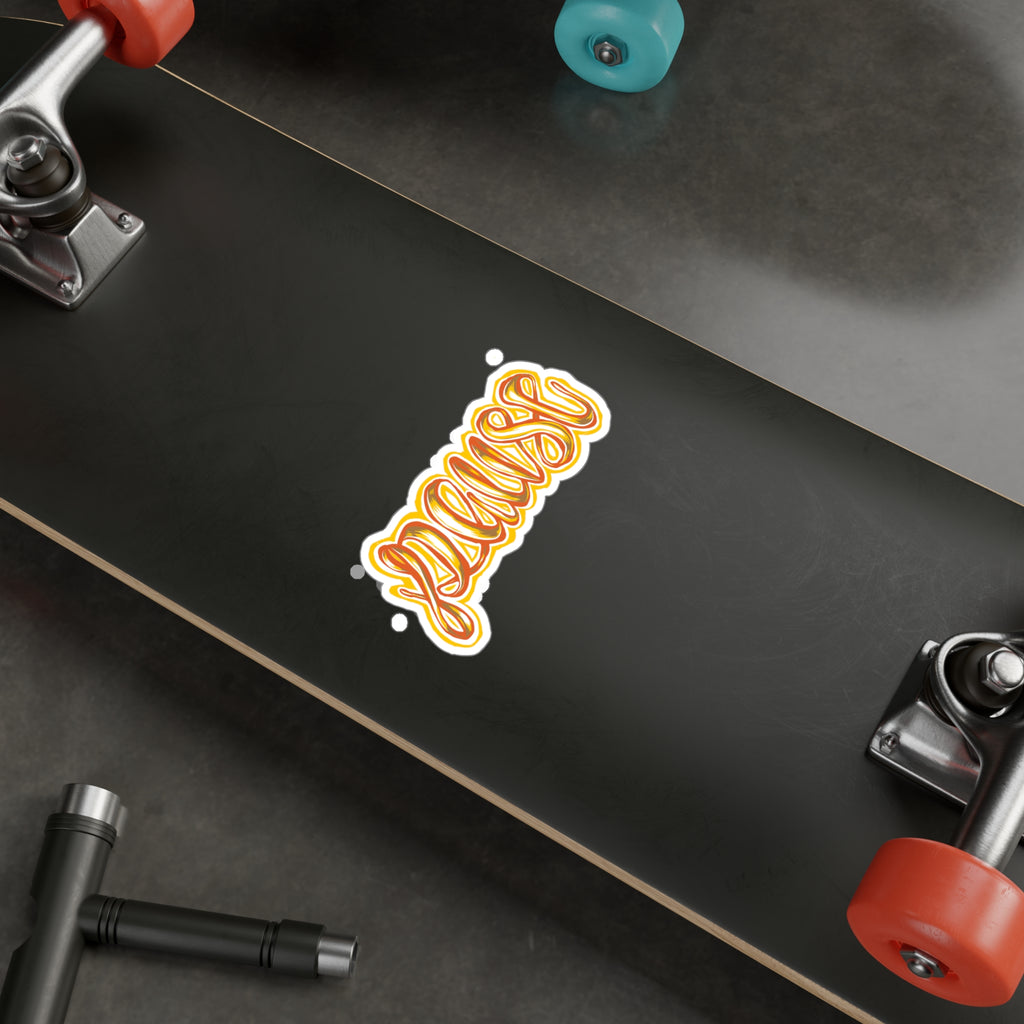 Pause Script Sticker — Retro Orange Hand-Lettered Vinyl Decal