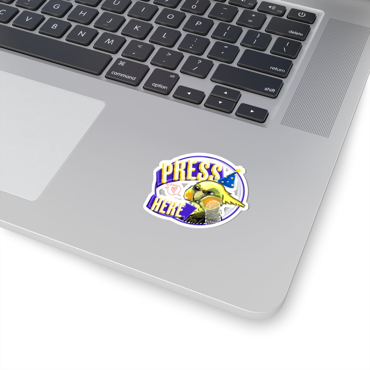 Press Here Cockatiel Adhesive Sticker — Cute Party Hat Bird Laptop Decal