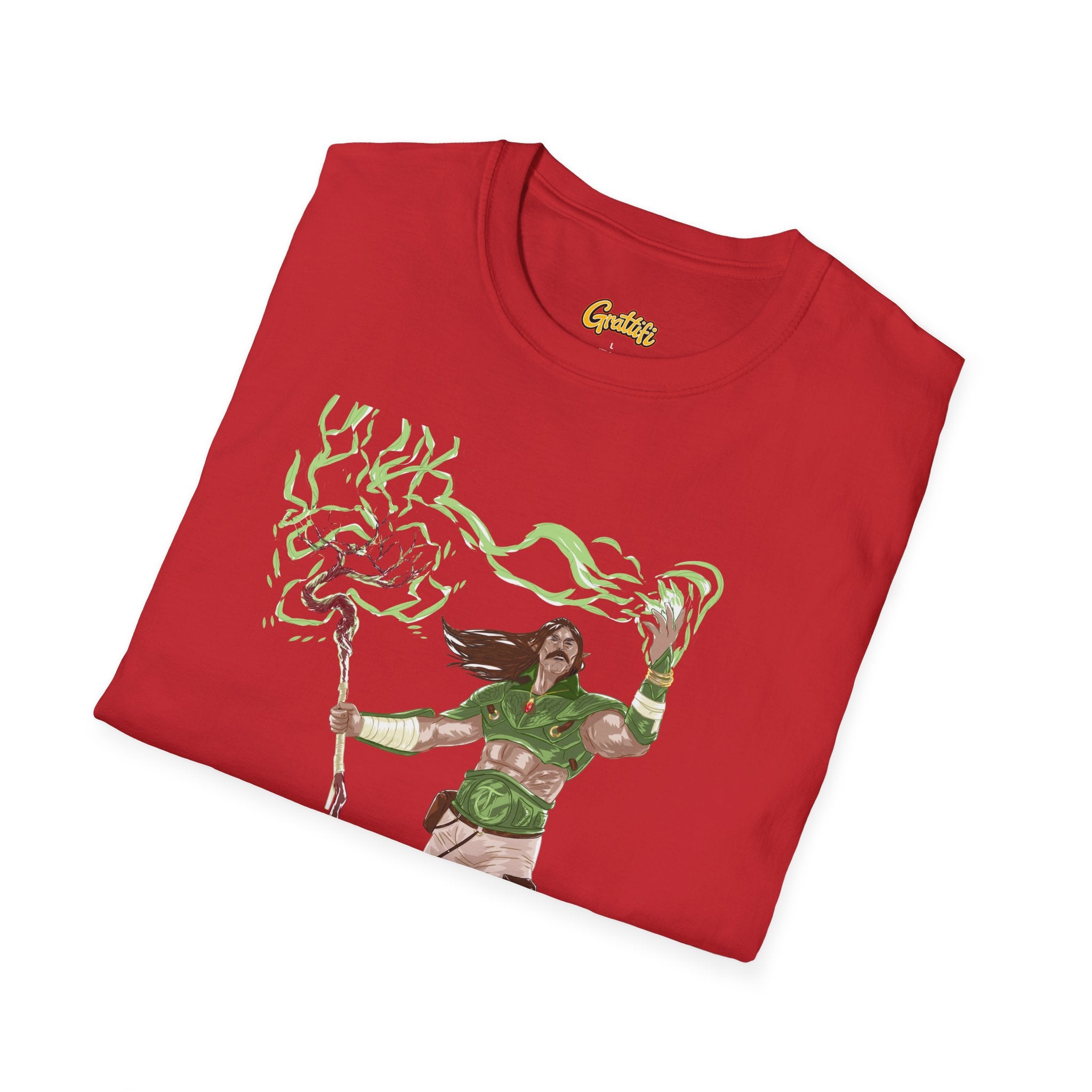 Druidic Nature Mage T-Shirt — Green Forest Sorcerer Staff Design
