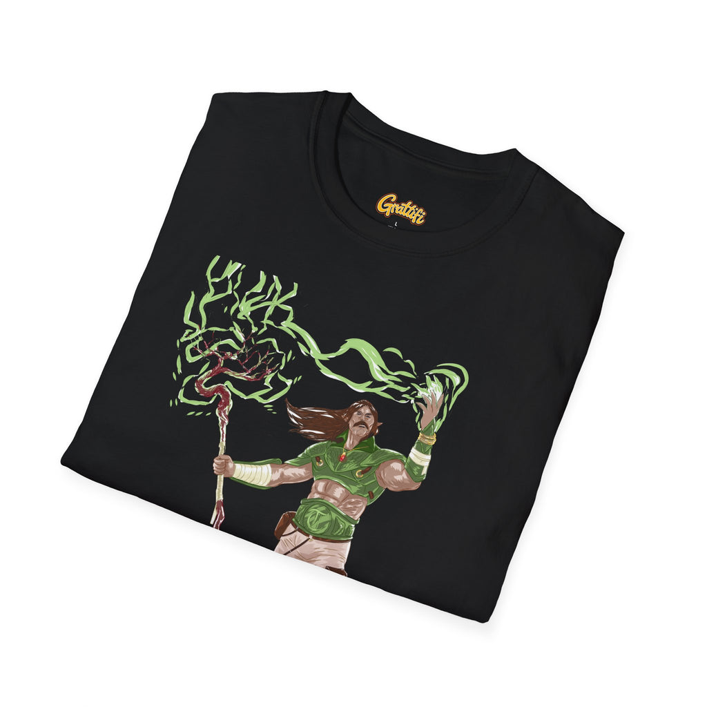 Druidic Nature Mage T-Shirt — Green Forest Sorcerer Staff Design