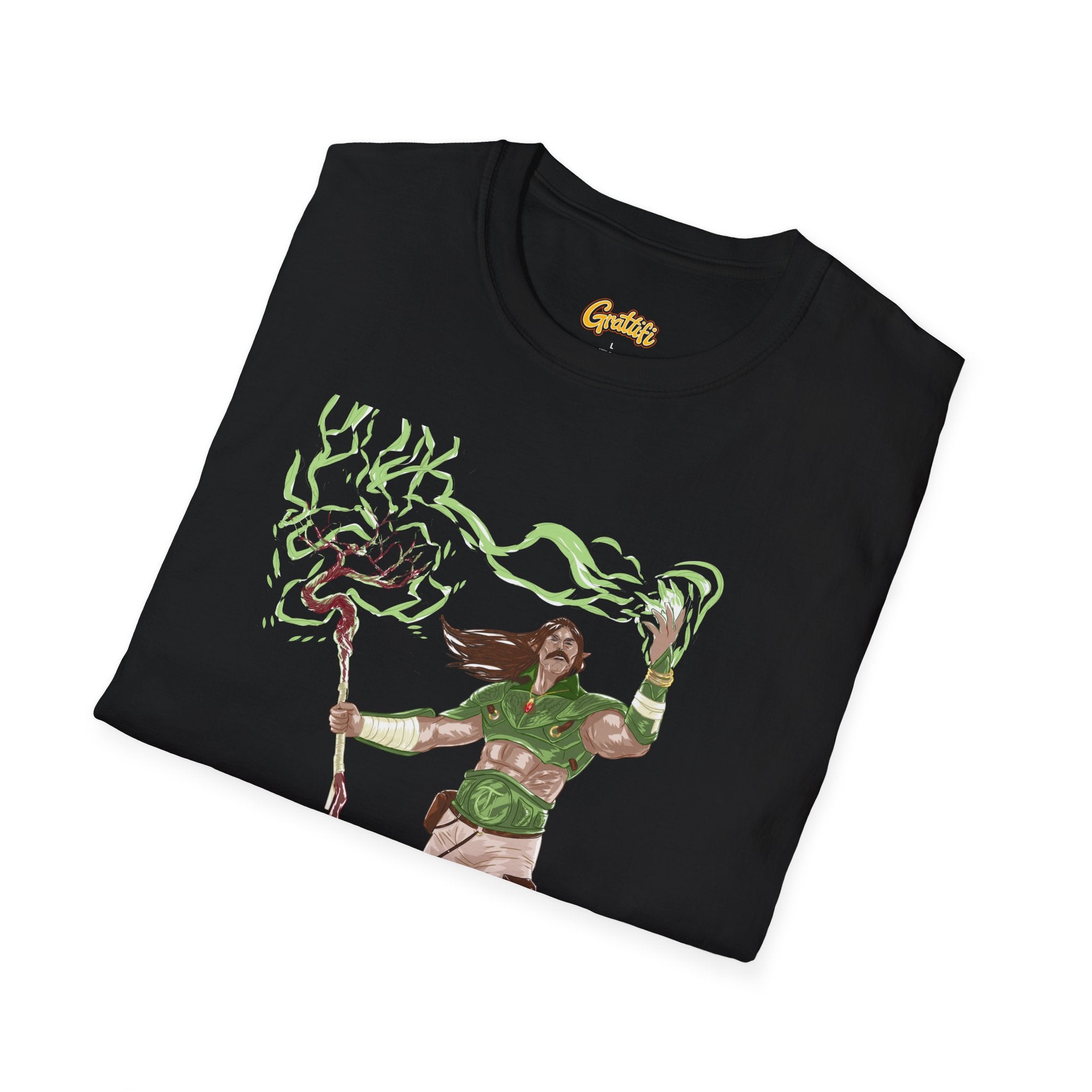 Druidic Nature Mage T-Shirt — Green Forest Sorcerer Staff Design