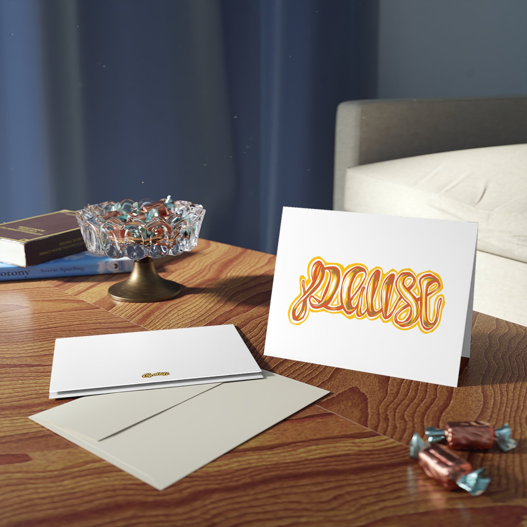 Greeting Card — Retro 'Pause' Script Design (Pack of 8/16/24)