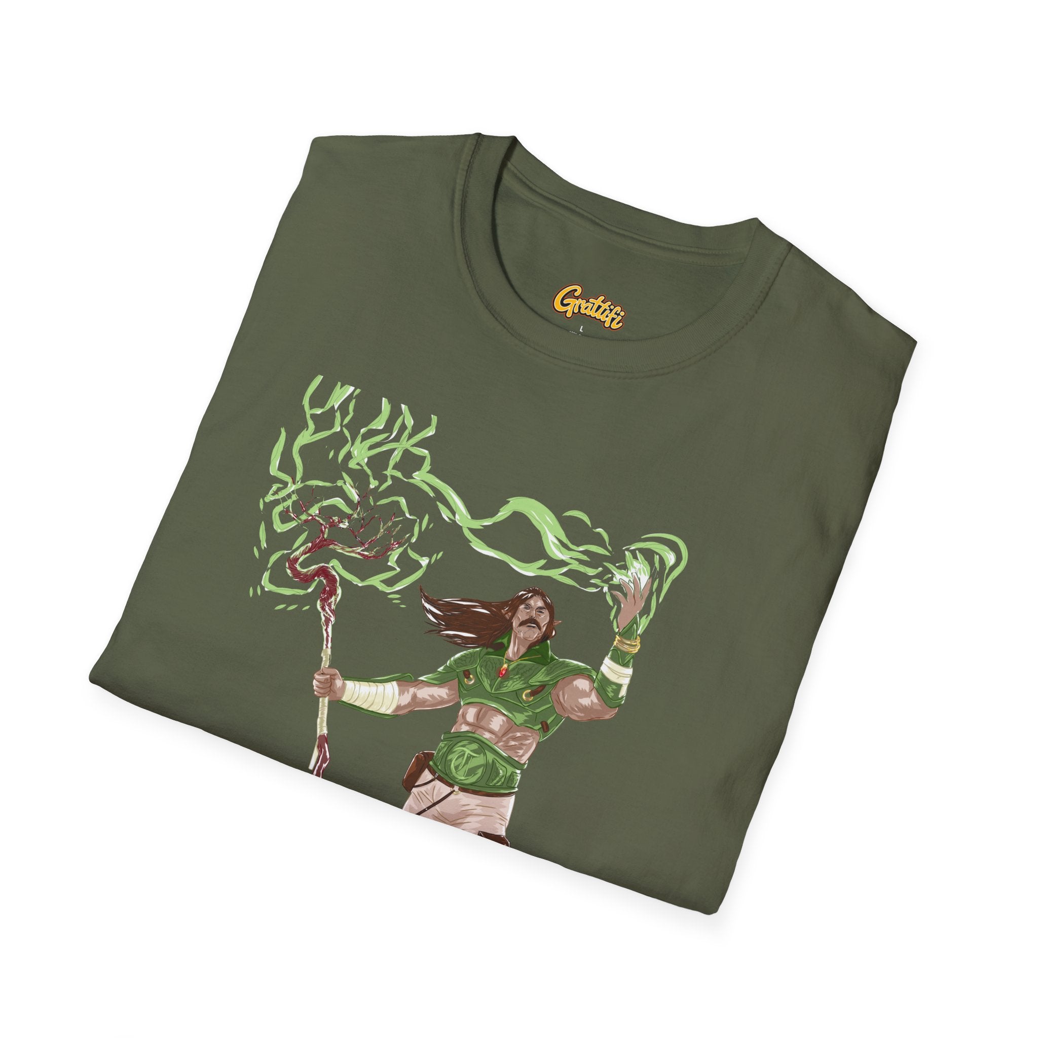 Druidic Nature Mage T-Shirt — Green Forest Sorcerer Staff Design