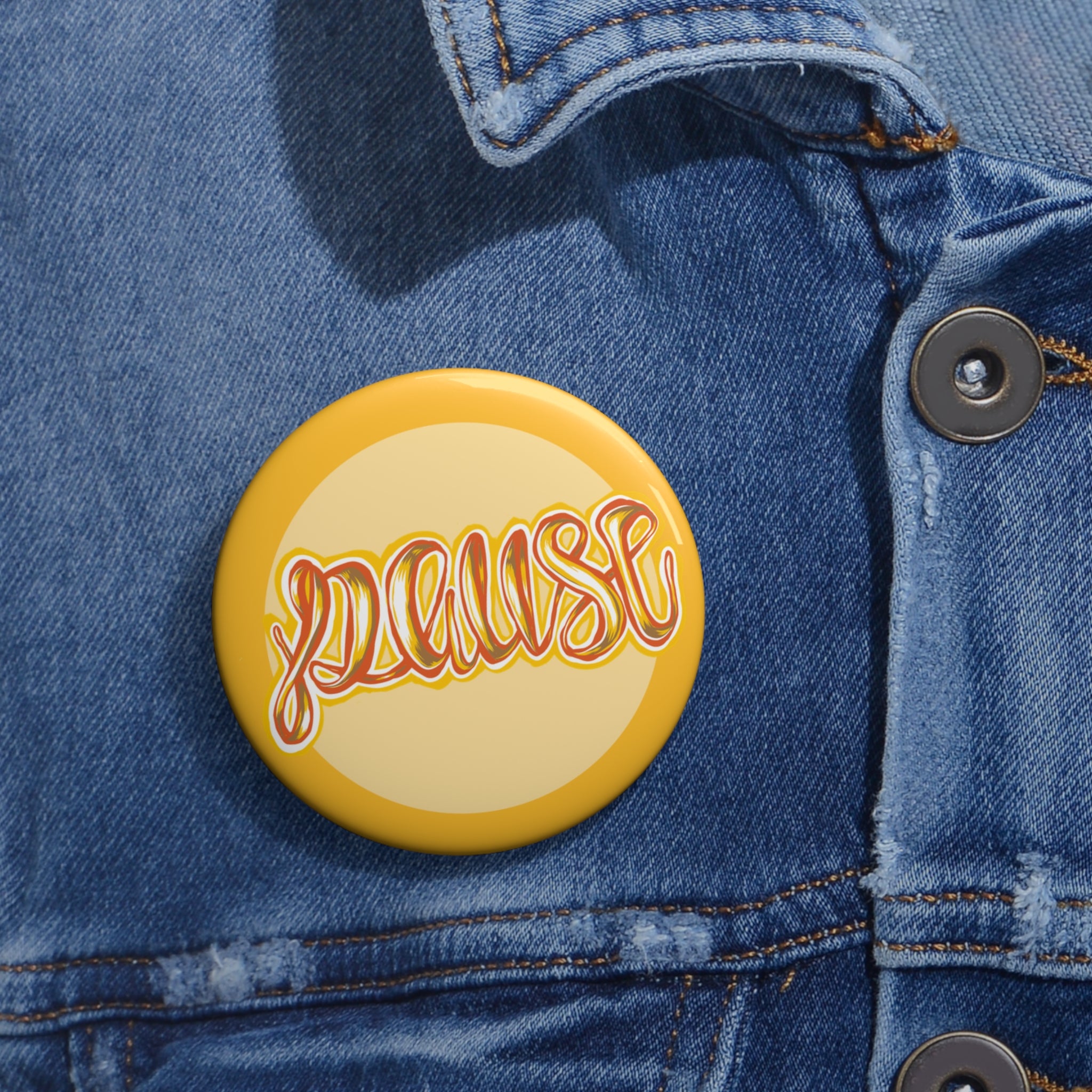 Pause Script Pin Button — Yellow 1.25" Enamel-Style Badge