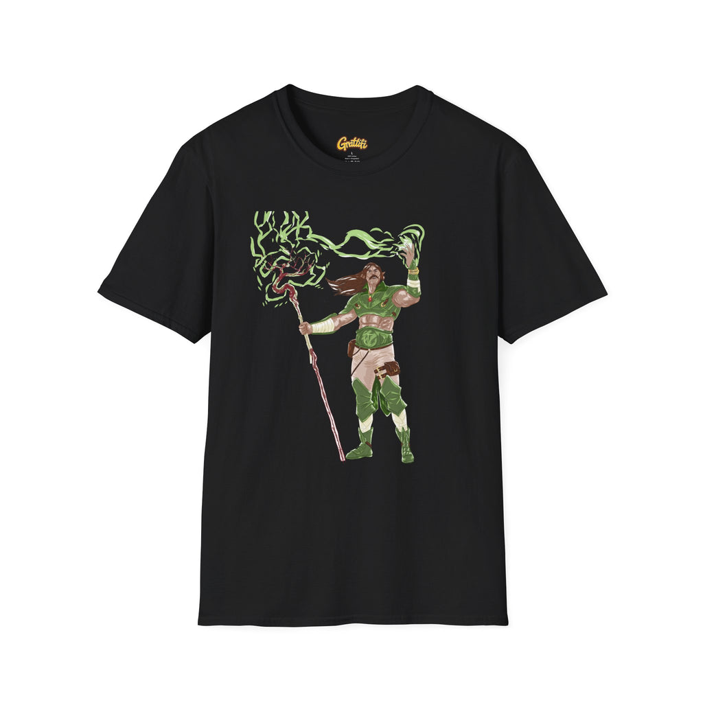 Druidic Nature Mage T-Shirt — Green Forest Sorcerer Staff Design