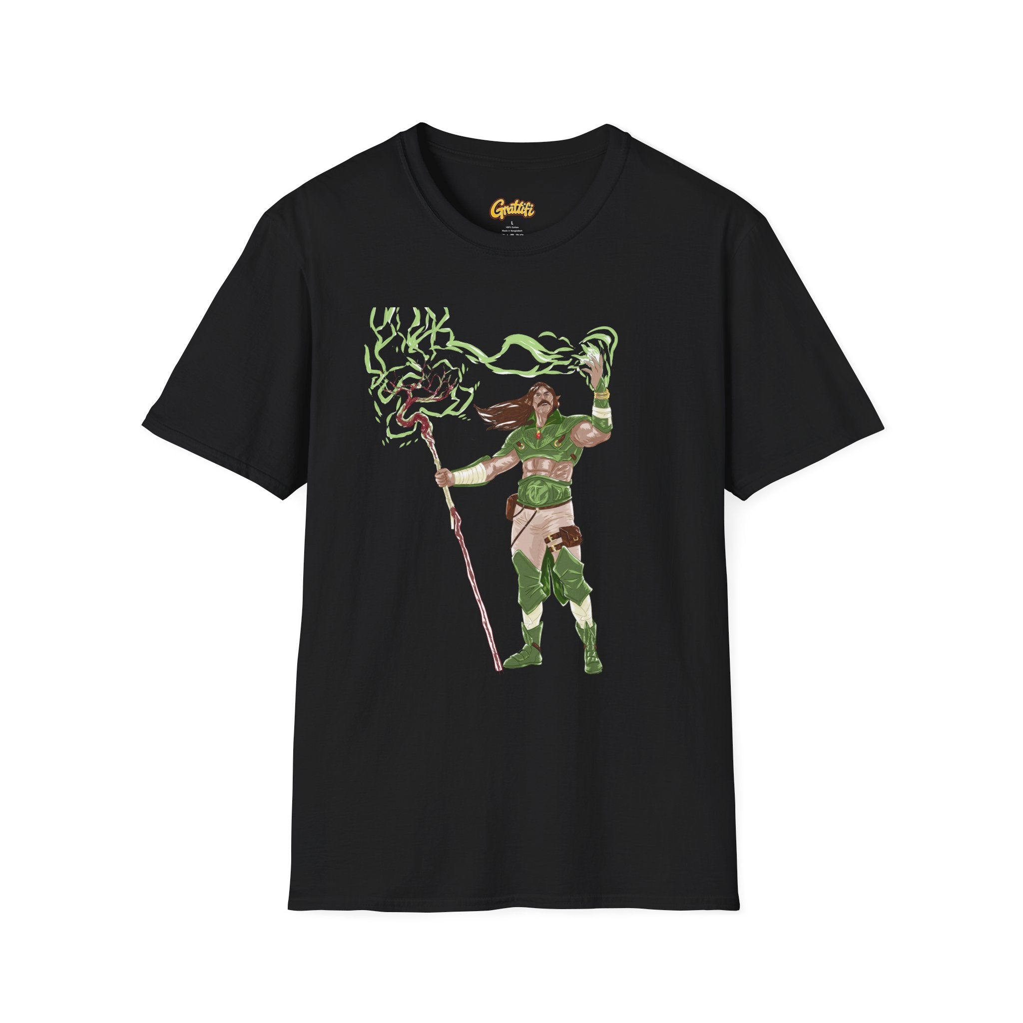 Druidic Nature Mage T-Shirt — Green Forest Sorcerer Staff Design