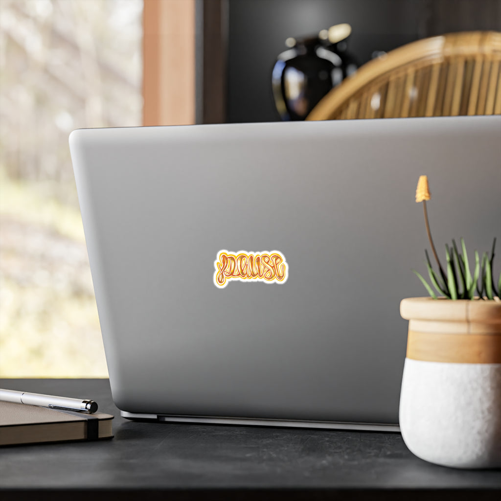 Pause Script Sticker — Retro Orange Hand-Lettered Vinyl Decal