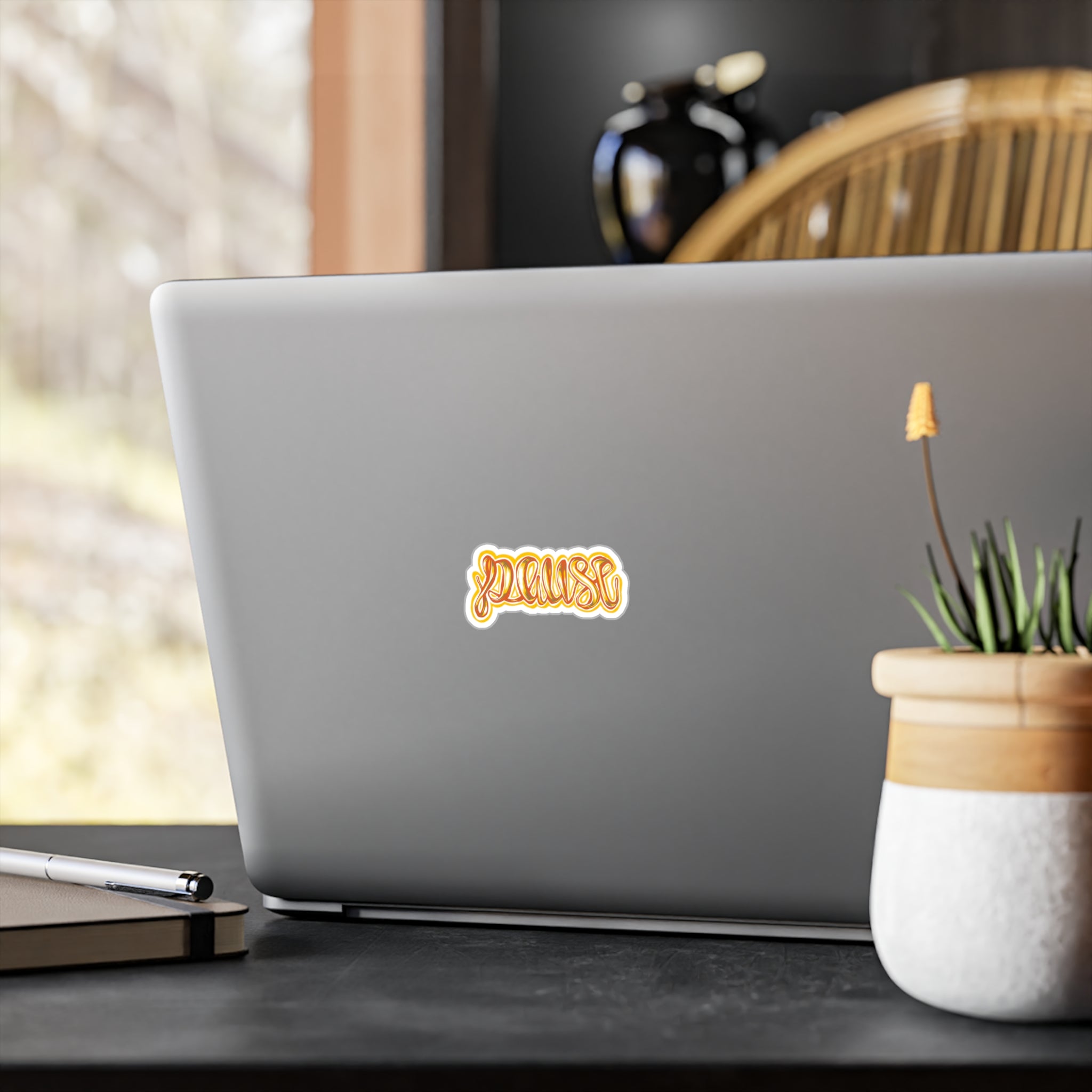 Pause Script Sticker — Retro Orange Hand-Lettered Vinyl Decal