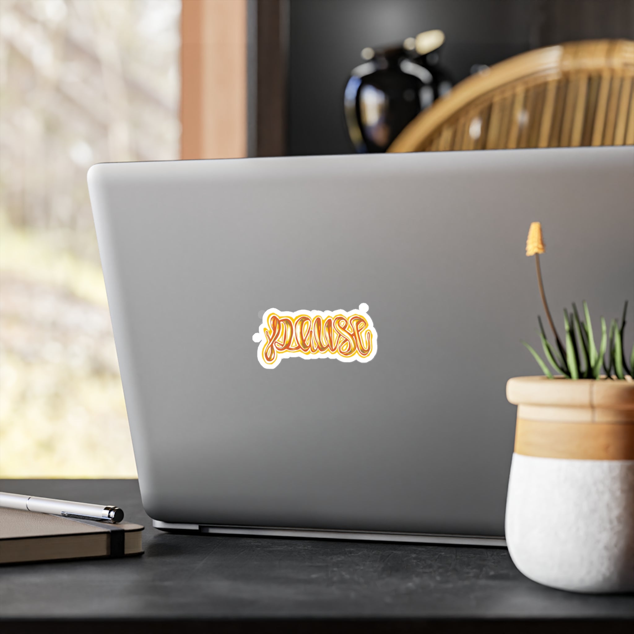 Pause Script Sticker — Retro Orange Hand-Lettered Vinyl Decal
