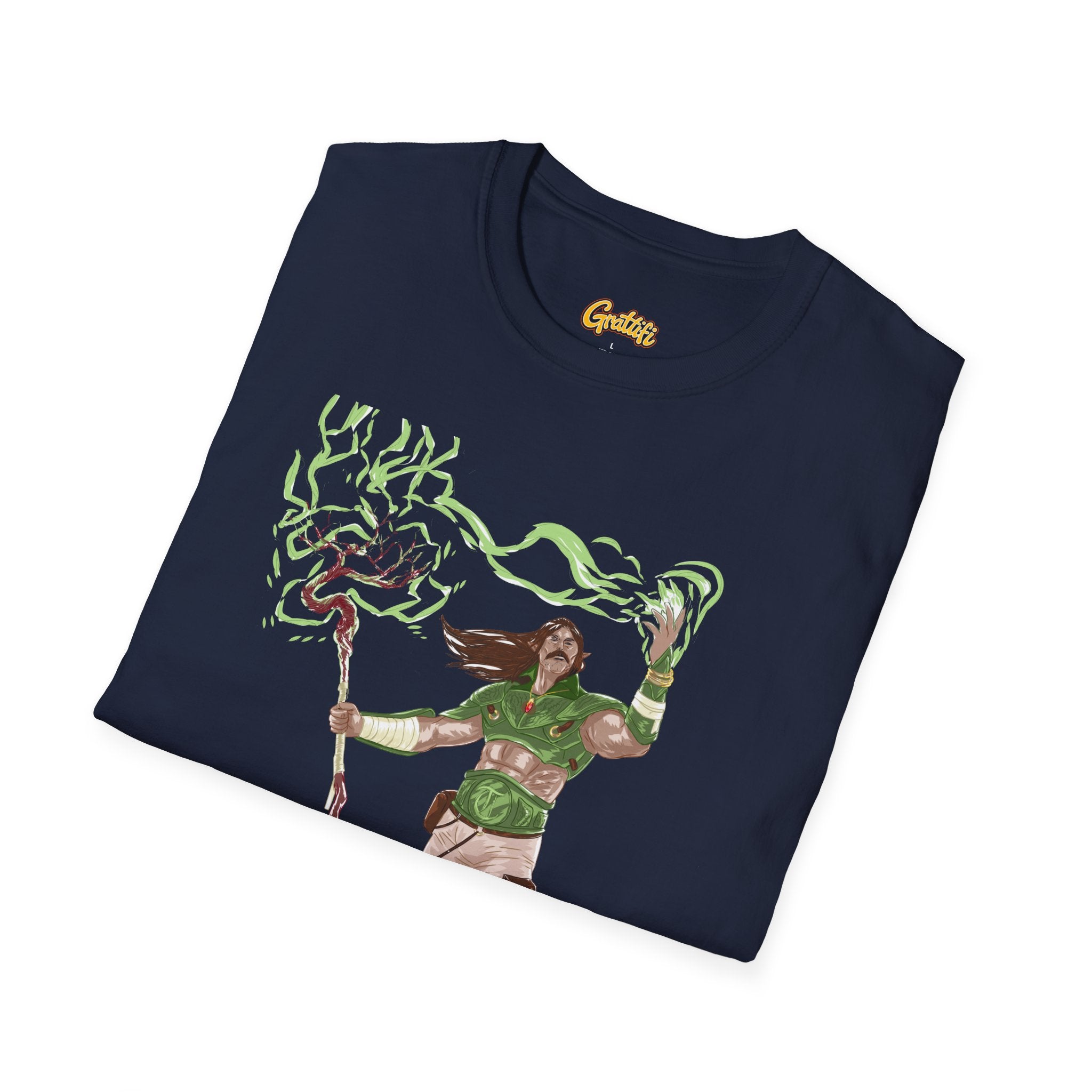 Druidic Nature Mage T-Shirt — Green Forest Sorcerer Staff Design