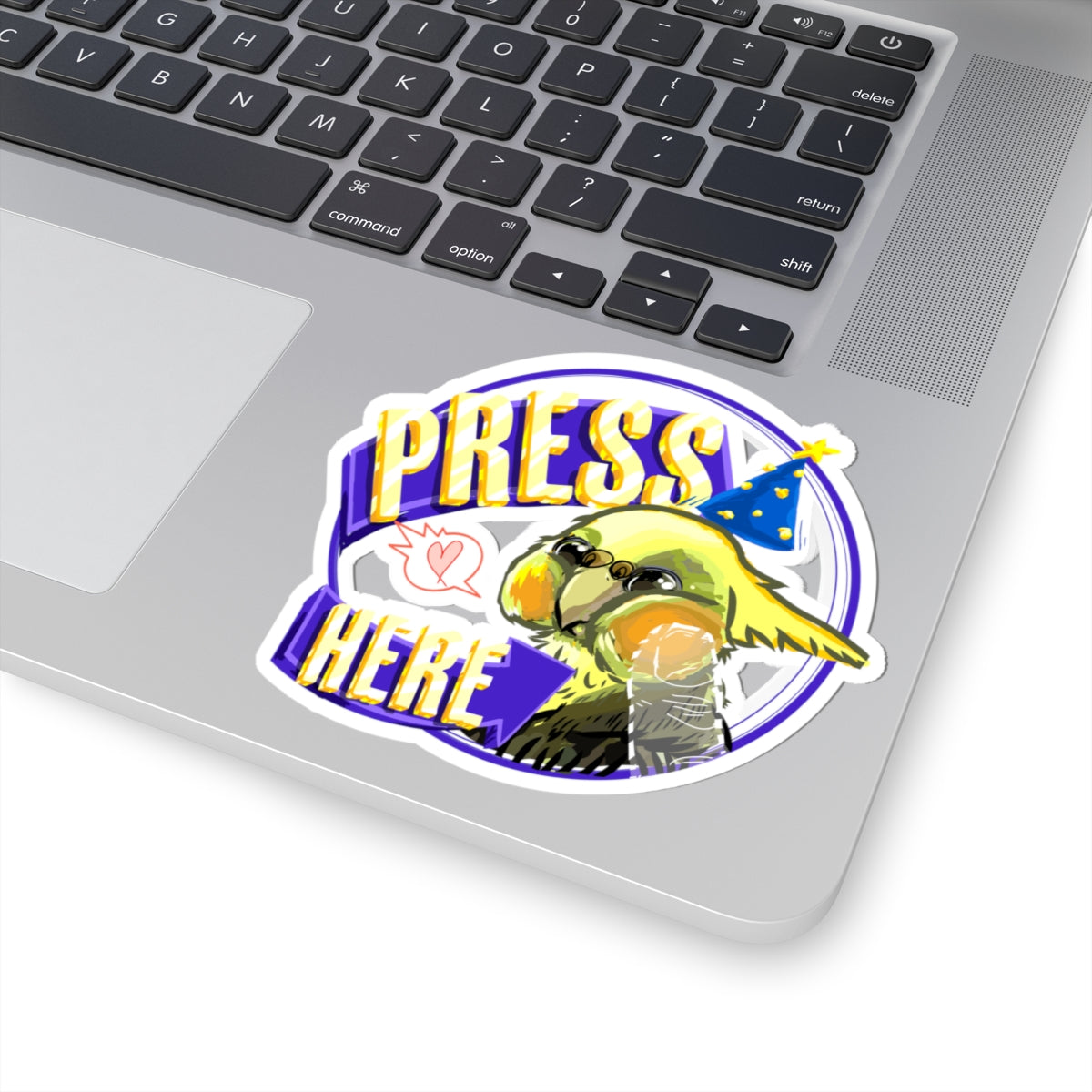 Press Here Cockatiel Adhesive Sticker — Cute Party Hat Bird Laptop Decal