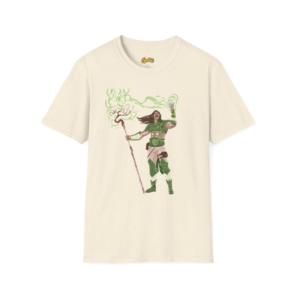 Druidic Nature Mage T-Shirt — Green Forest Sorcerer Staff Design