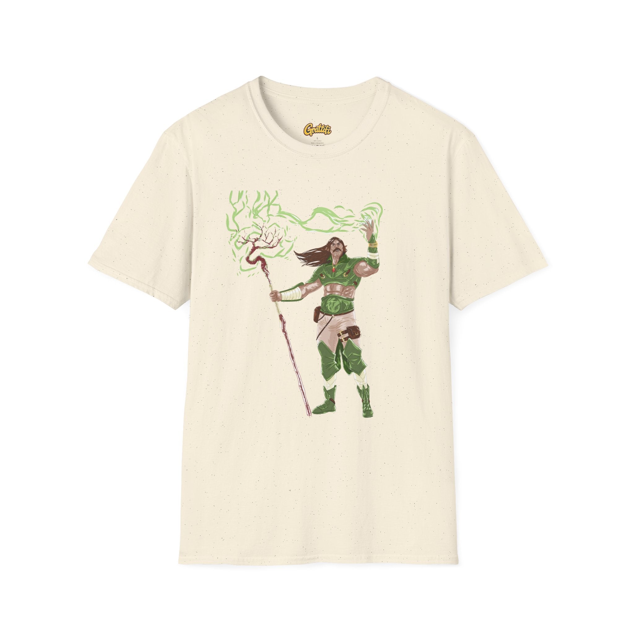 Druidic Nature Mage T-Shirt — Green Forest Sorcerer Staff Design