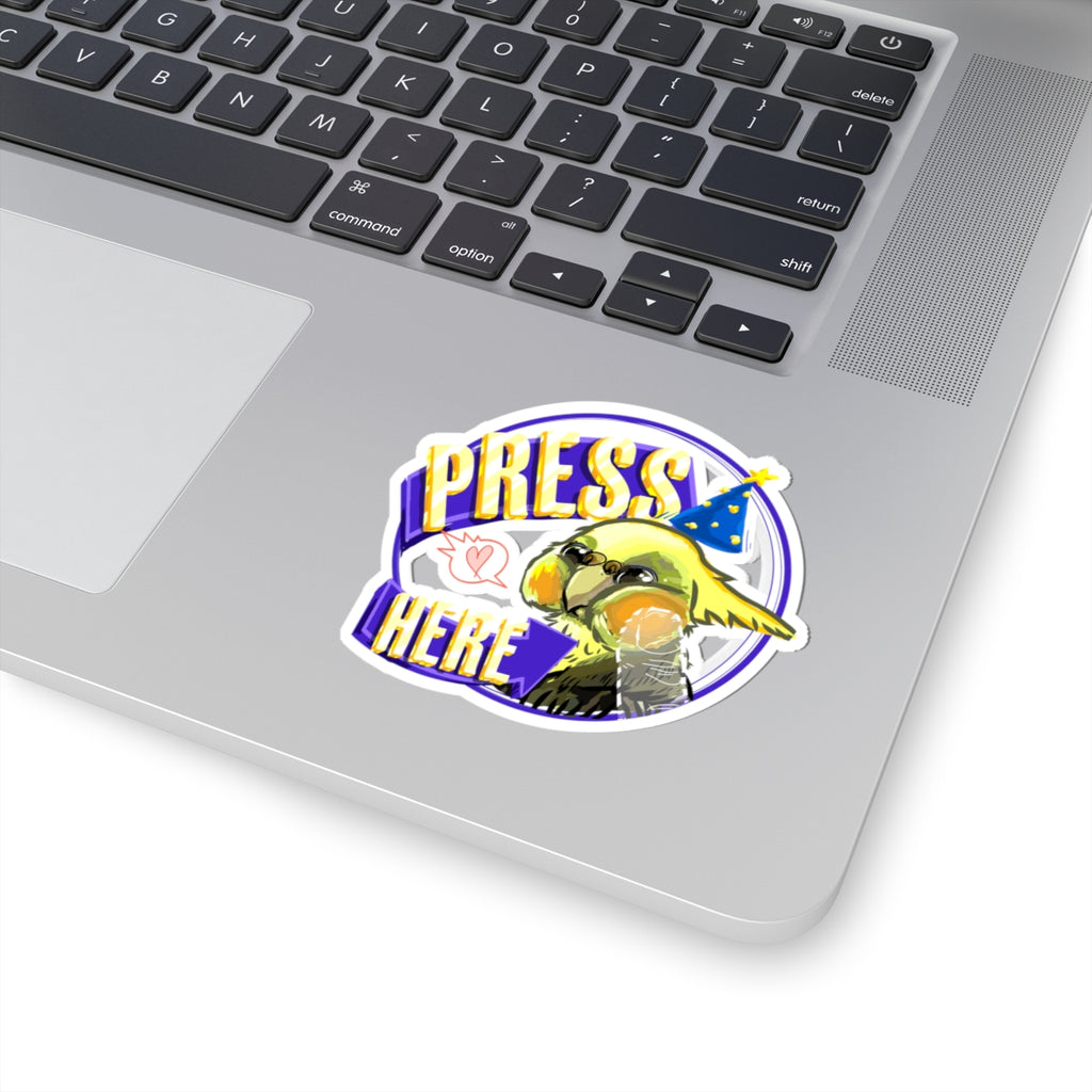 Press Here Cockatiel Adhesive Sticker — Cute Party Hat Bird Laptop Decal