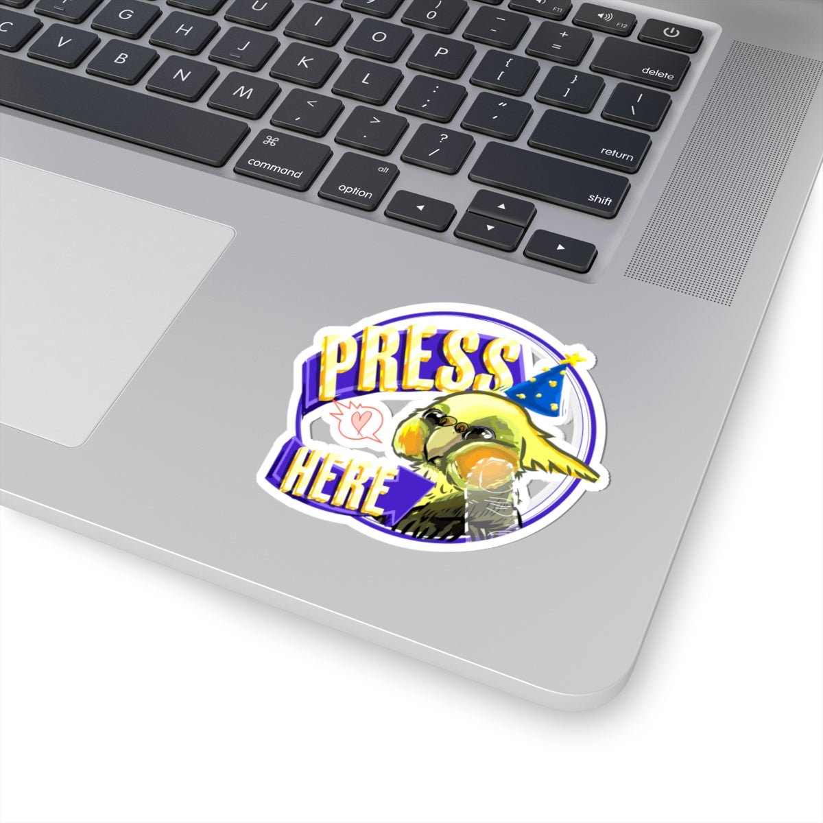 Press Here Cockatiel Adhesive Sticker — Cute Party Hat Bird Laptop Decal