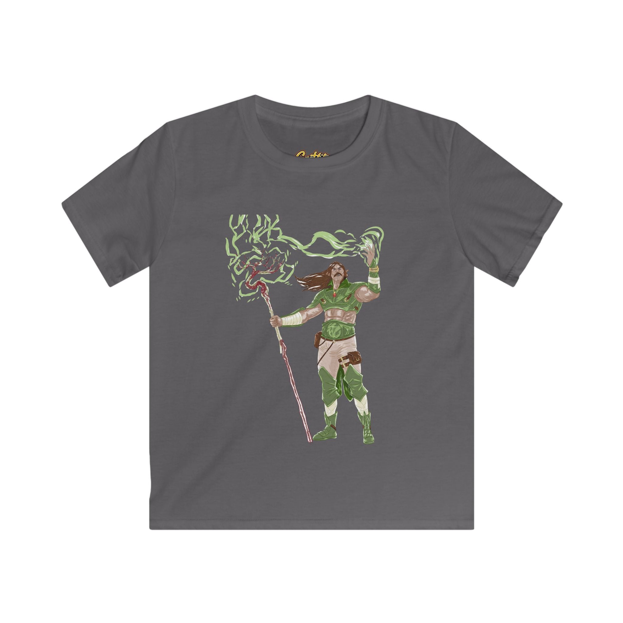 Kids Fantasy Druid T‑Shirt — Green Lightning Magic Graphic Tee