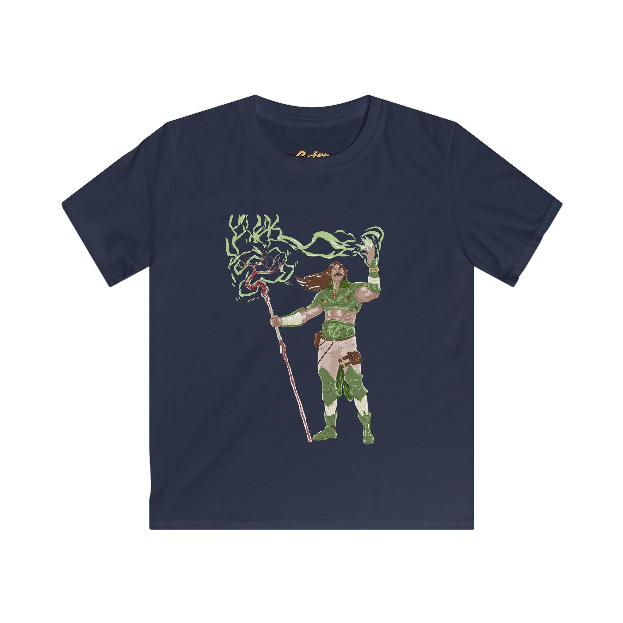 Kids Fantasy Druid T‑Shirt — Green Lightning Magic Graphic Tee