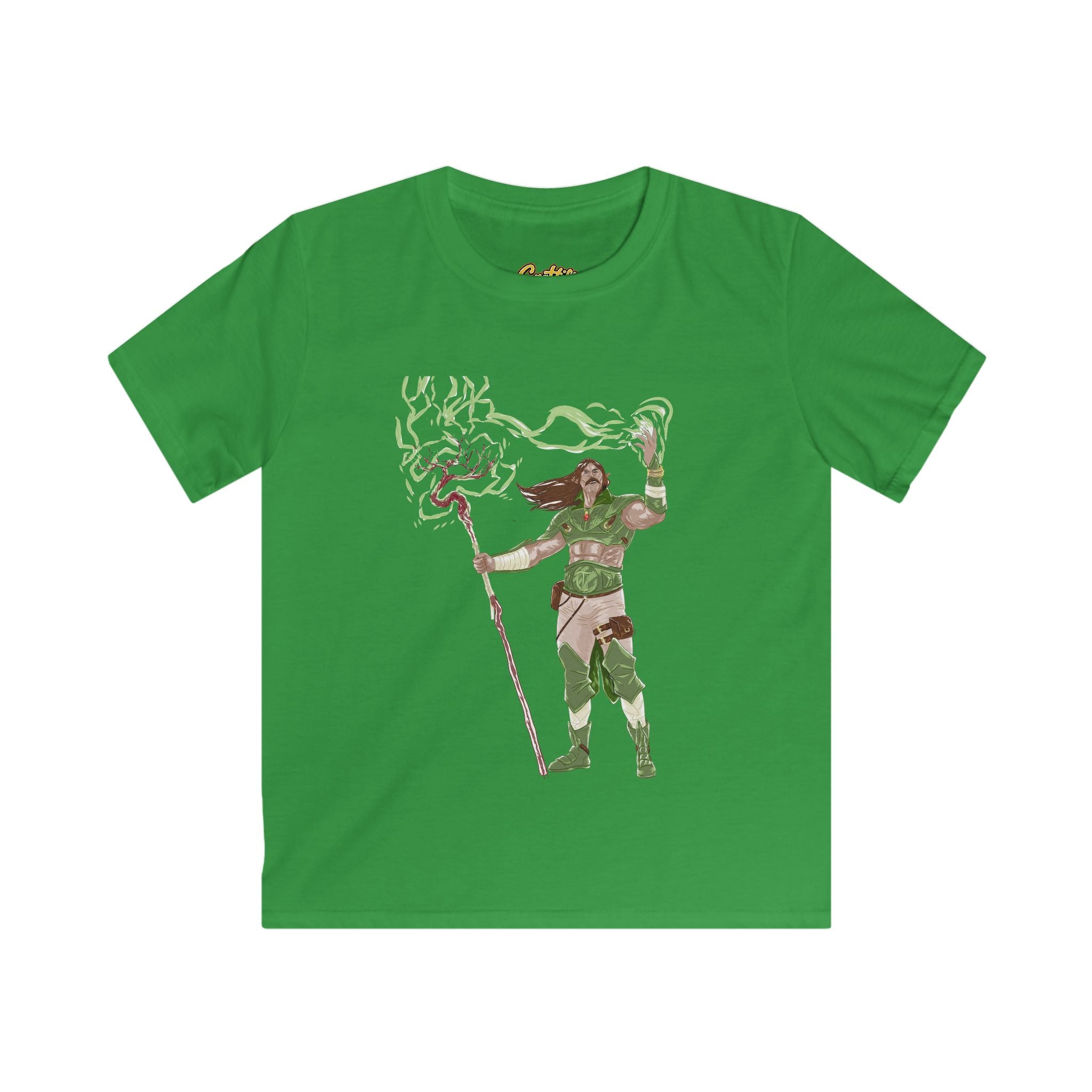 Kids Fantasy Druid T‑Shirt — Green Lightning Magic Graphic Tee