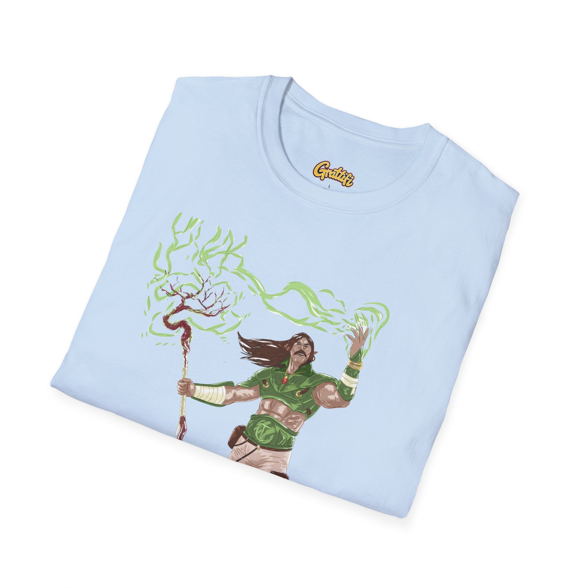 Druidic Nature Mage T-Shirt — Green Forest Sorcerer Staff Design