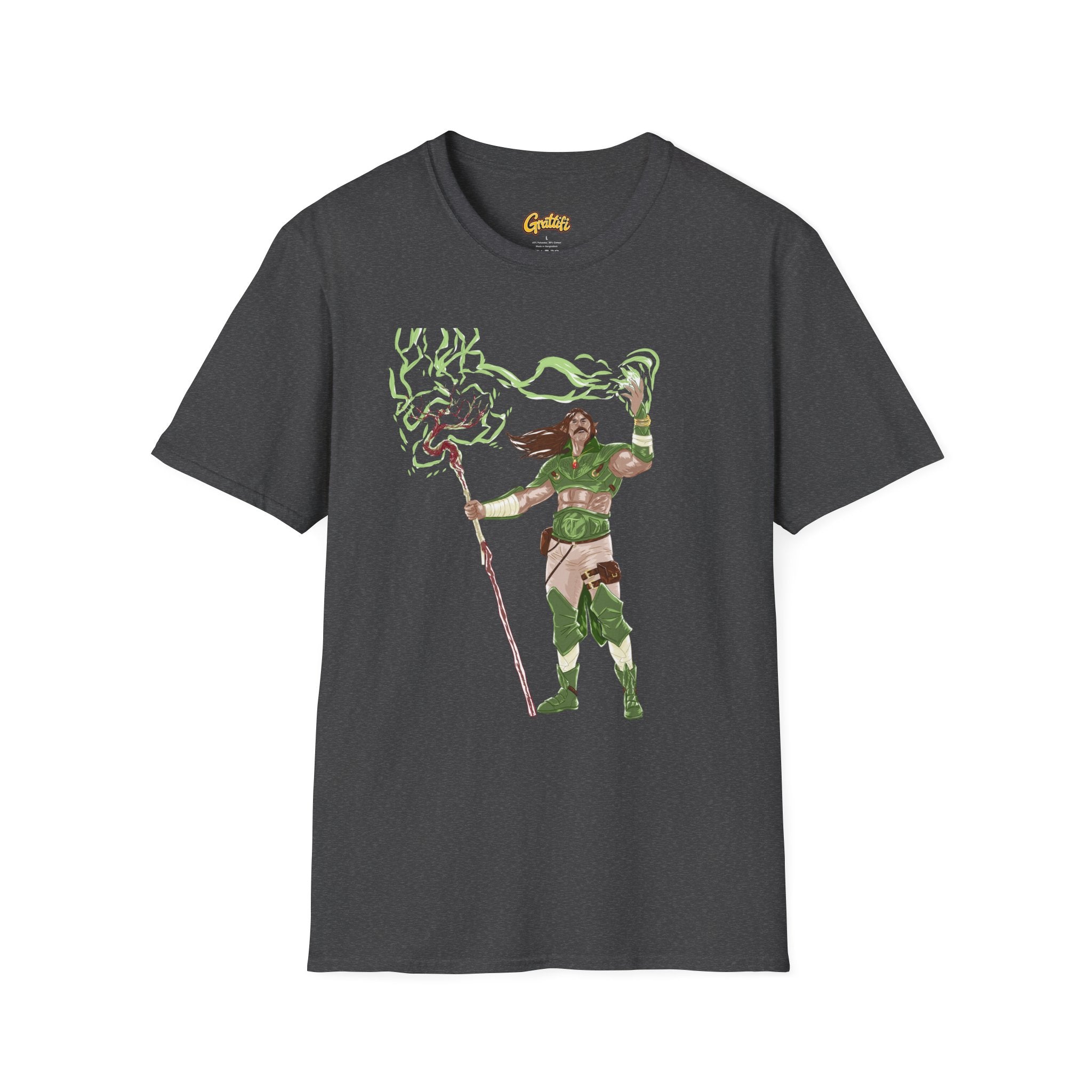 Druidic Nature Mage T-Shirt — Green Forest Sorcerer Staff Design