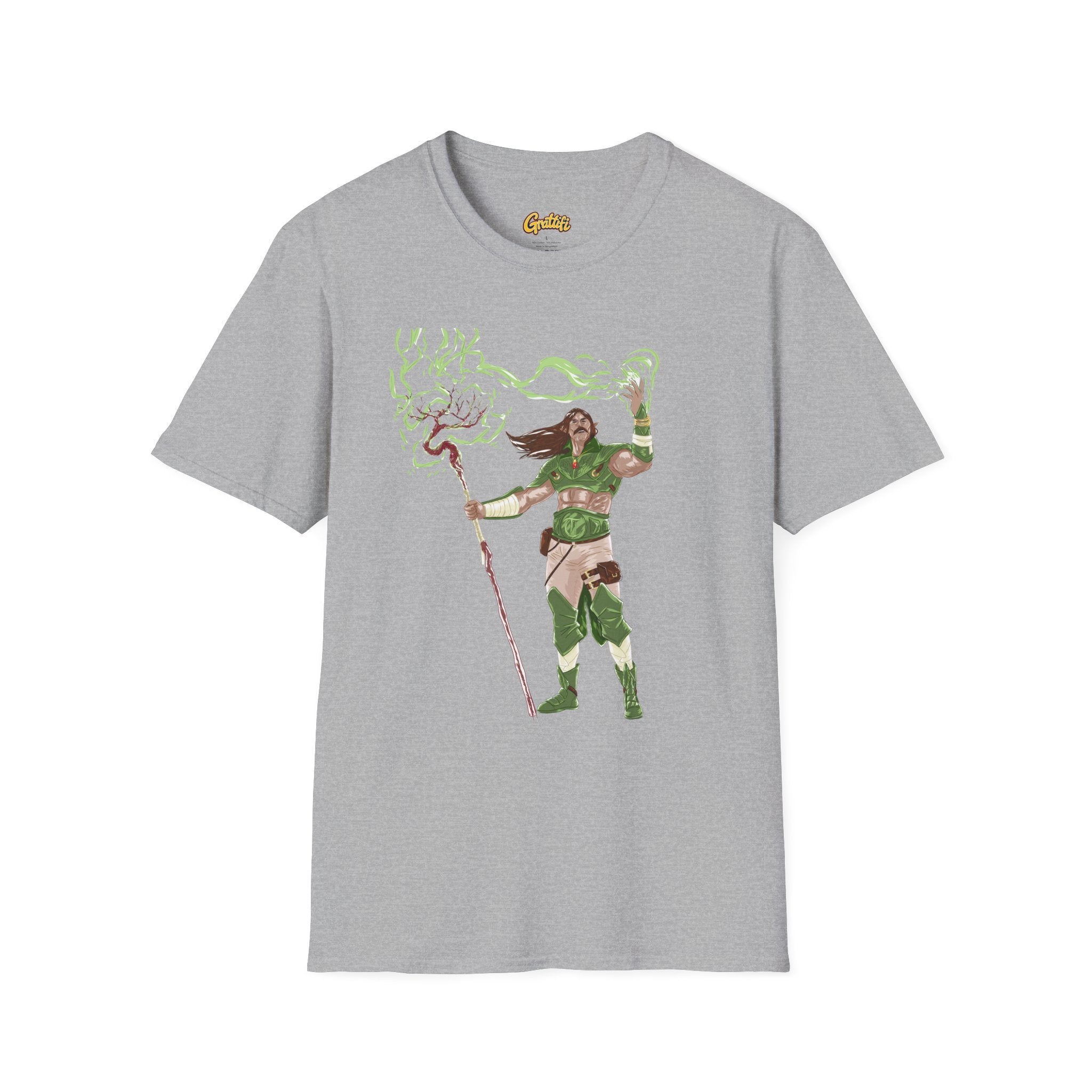 Druidic Nature Mage T-Shirt — Green Forest Sorcerer Staff Design