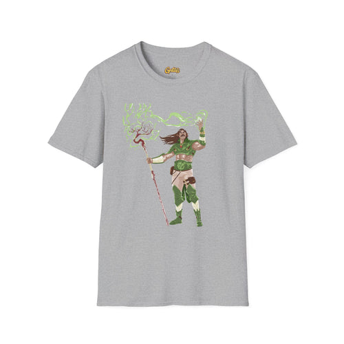 Druidic Nature Mage T-Shirt — Green Forest Sorcerer Staff Design