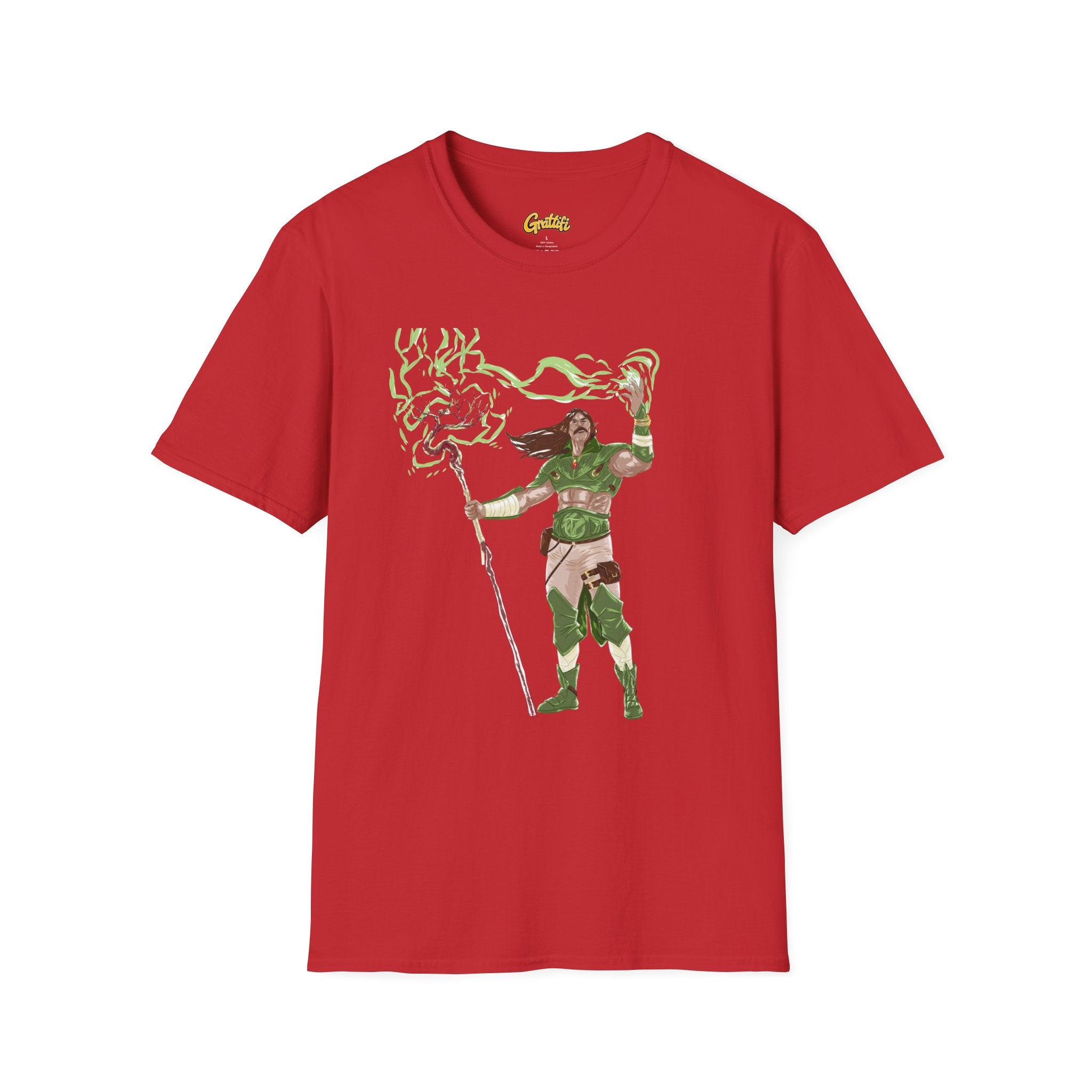 Druidic Nature Mage T-Shirt — Green Forest Sorcerer Staff Design