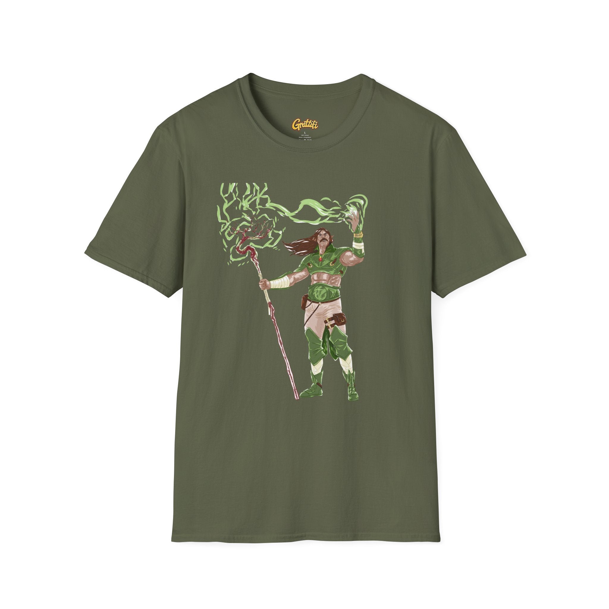 Druidic Nature Mage T-Shirt — Green Forest Sorcerer Staff Design