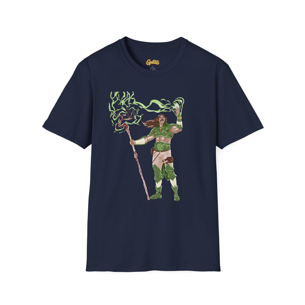 Druidic Nature Mage T-Shirt — Green Forest Sorcerer Staff Design