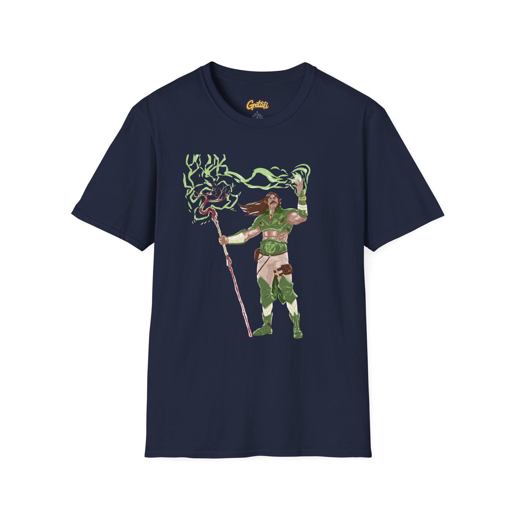 Druidic Nature Mage T-Shirt — Green Forest Sorcerer Staff Design