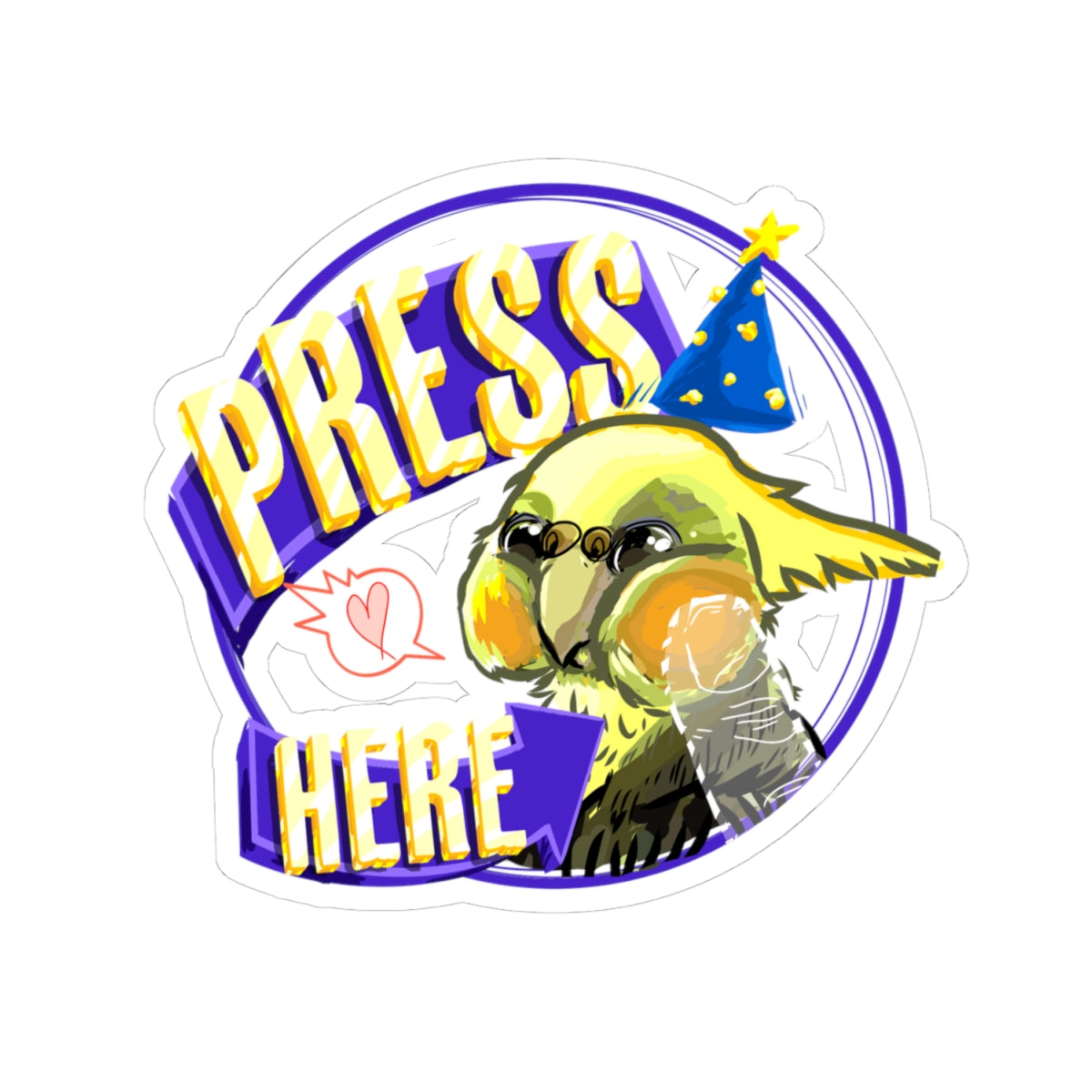 Press Here Cockatiel Adhesive Sticker — Cute Party Hat Bird Laptop Decal