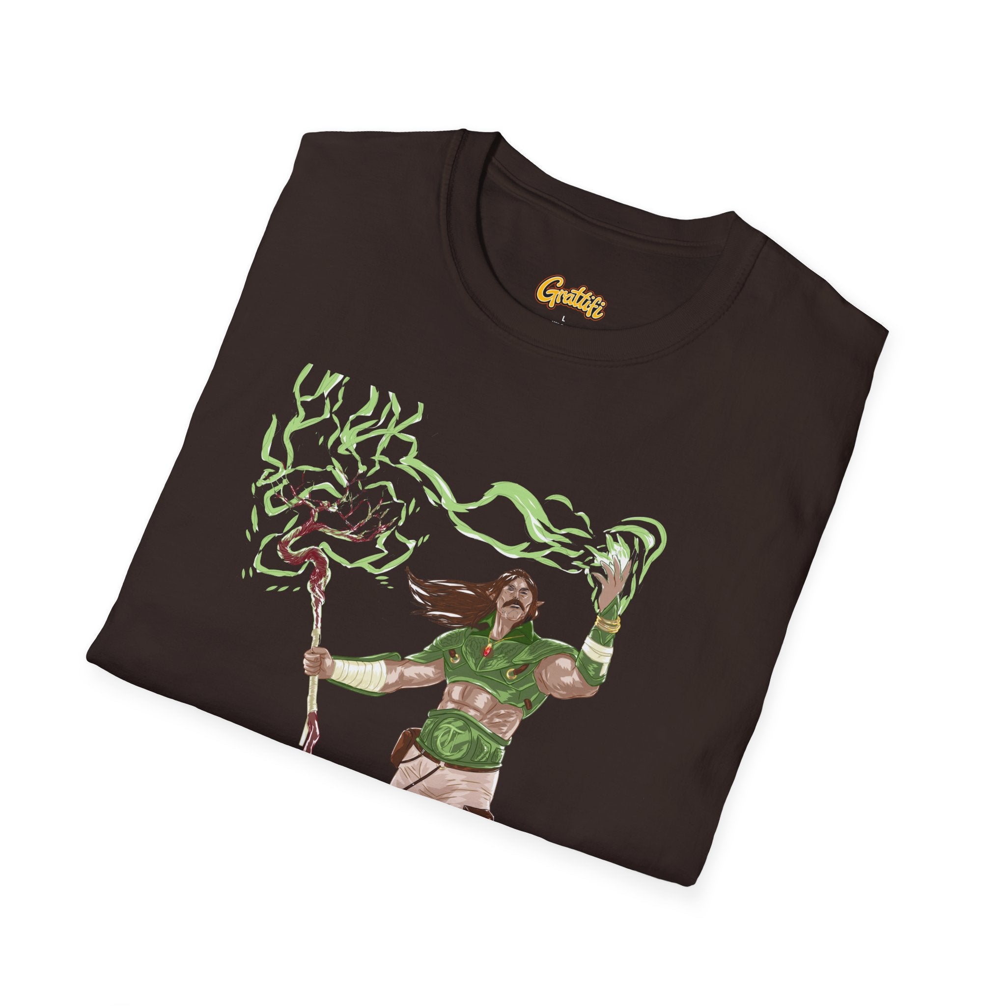 Druidic Nature Mage T-Shirt — Green Forest Sorcerer Staff Design