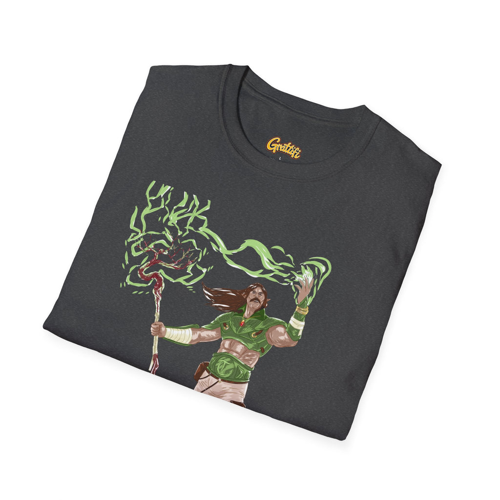 Druidic Nature Mage T-Shirt — Green Forest Sorcerer Staff Design
