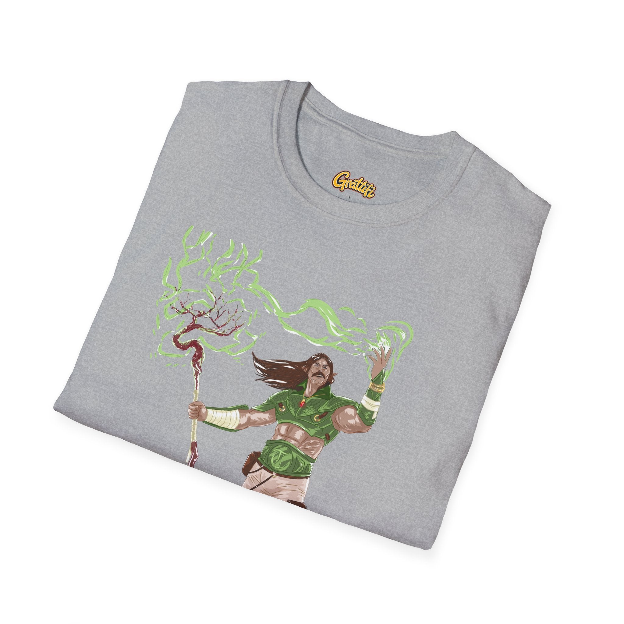 Druidic Nature Mage T-Shirt — Green Forest Sorcerer Staff Design