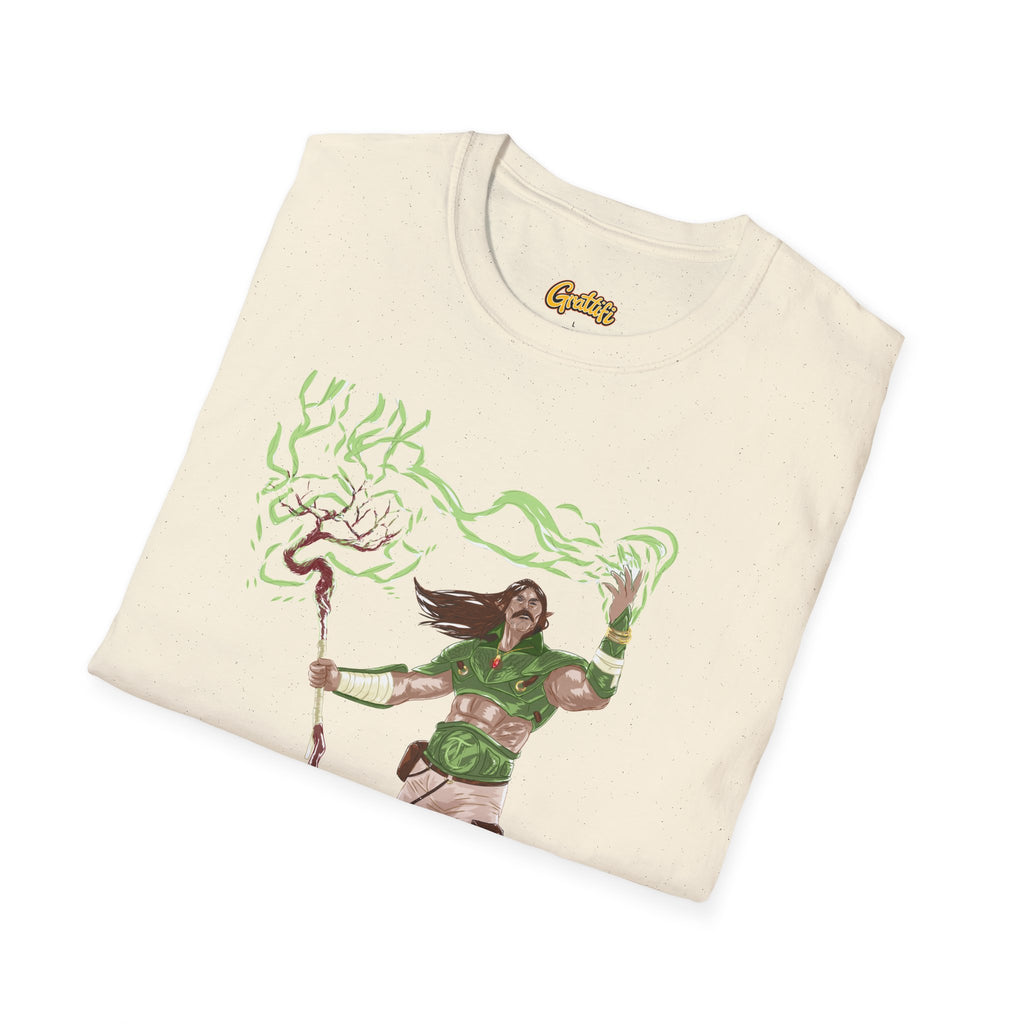Druidic Nature Mage T-Shirt — Green Forest Sorcerer Staff Design