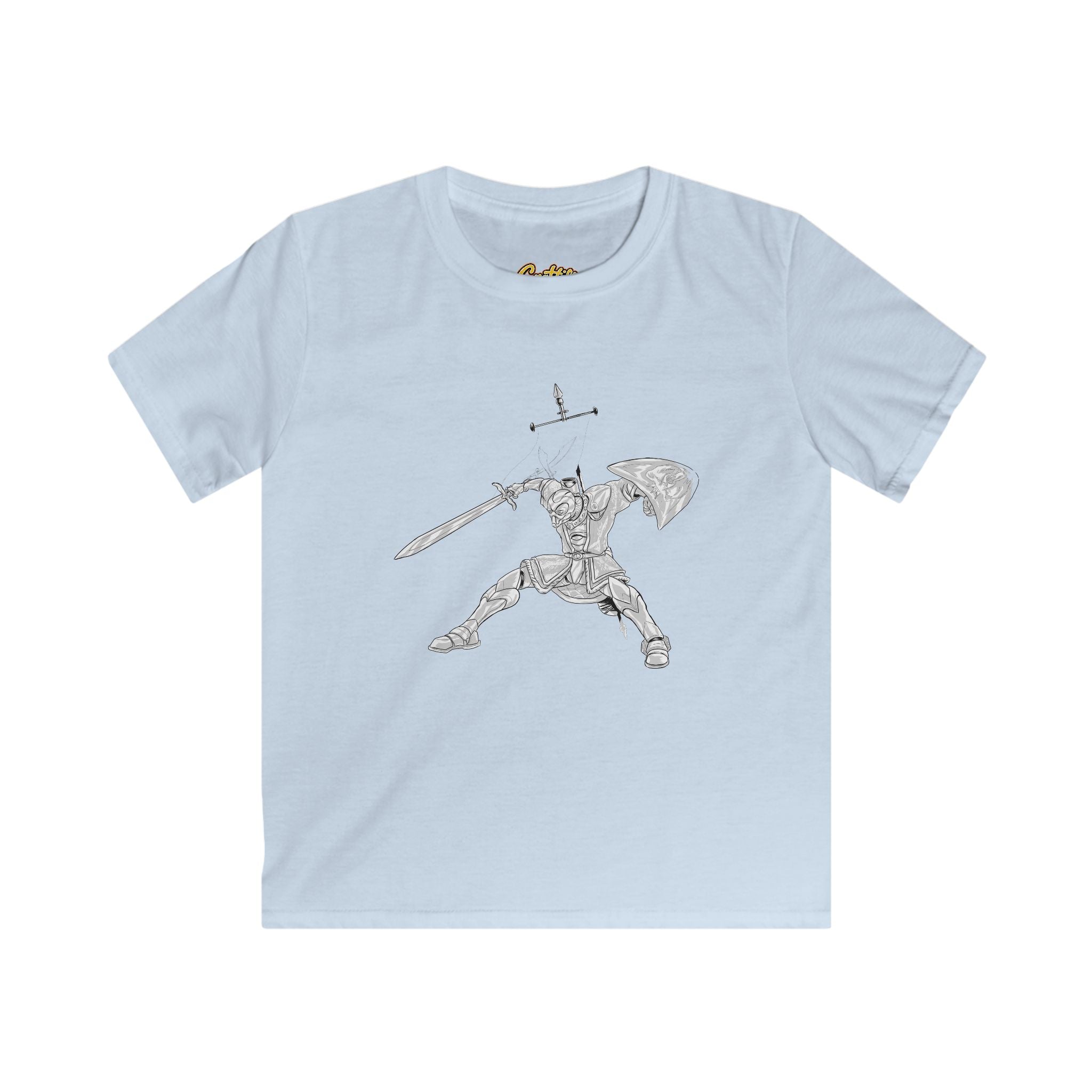 Kids Knight Warrior T-Shirt — Sword & Shield Line Art Tee
