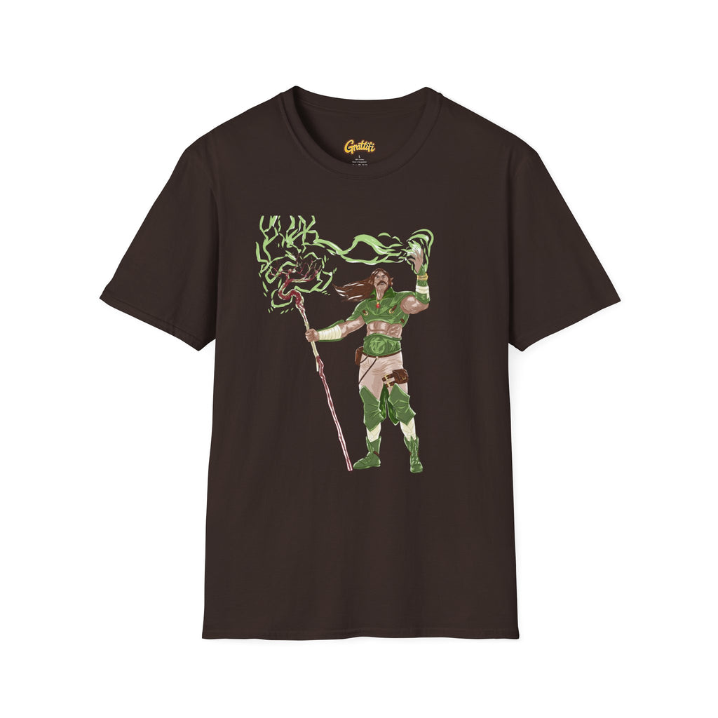 Druidic Nature Mage T-Shirt — Green Forest Sorcerer Staff Design