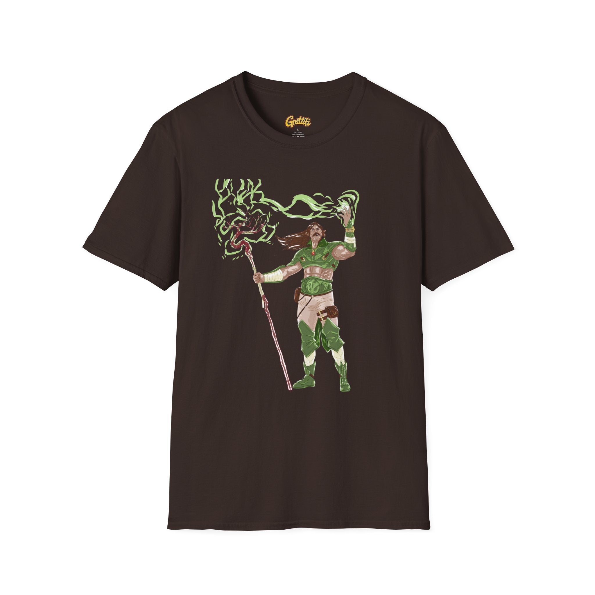 Druidic Nature Mage T-Shirt — Green Forest Sorcerer Staff Design