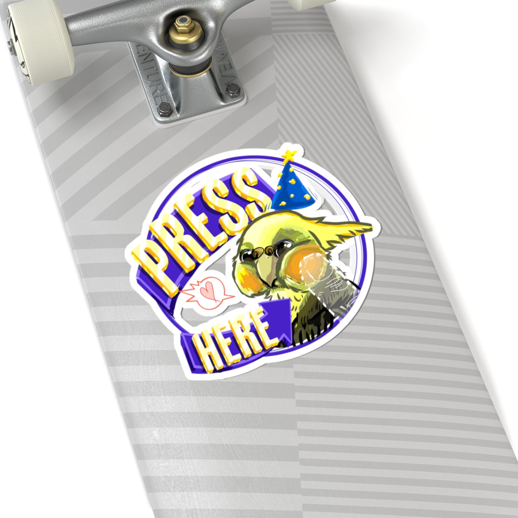 Press Here Cockatiel Adhesive Sticker — Cute Party Hat Bird Laptop Decal